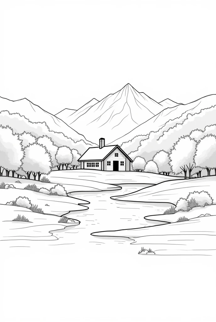 Landscape with a country house, beautiful trees, a river, mountains in the background, only outline of the drawing, black and white