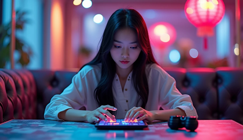 A beautiful Chinese girl is playing mobile game on a table decorated in gaming style