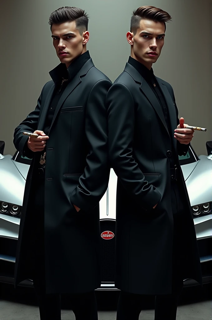 Andrew tate and tristan tate with cigar and standing in front of silver colour buggati chiron with wearing black coat pant