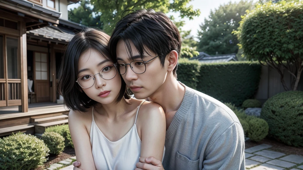 "Photorealistic, (close-up, high realism, single couple only), a young Japanese woman wearing glasses and a sky-blue backless dress, gently hugging a 40-year-old Japanese man, both standing in front of the closed front door of a house, focusing on their natural embrace with no deformities, the woman's arms naturally wrapped around him, the man with short black hair and wearing a casual outfit, soft sunlight illuminating them, cozy garden setting, hyperrealistic, high detailed official artwork, warm tones, vivid colors, 8k and 4k resolution."