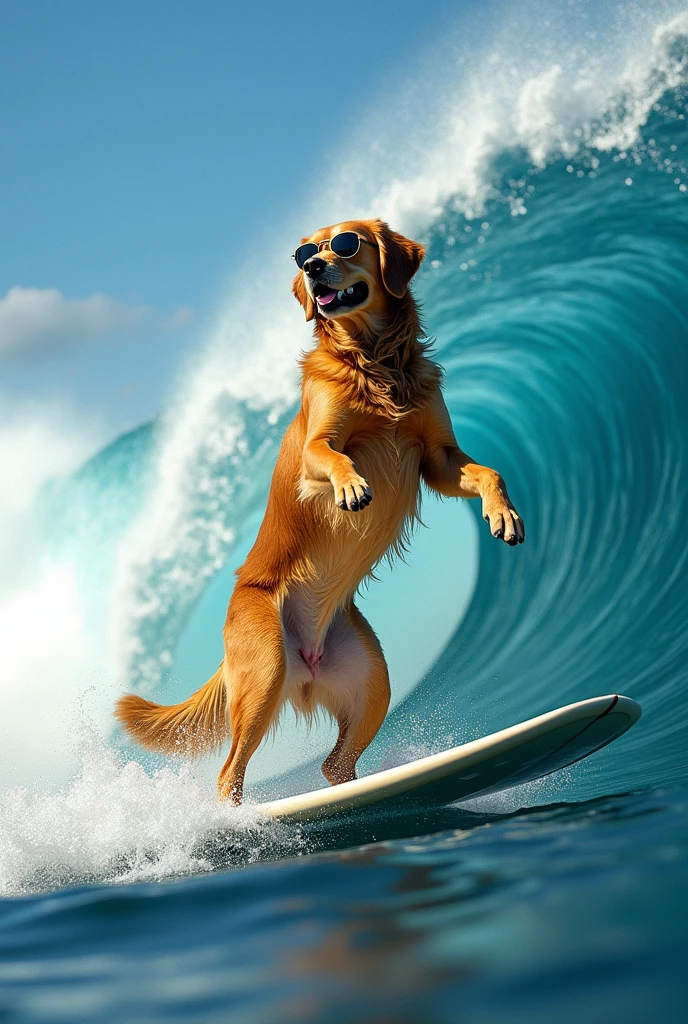 Golden Retriever、Surfing in the sea、Realistic fur、Realistic、raw、Photorealistic、Super detailed、high resolution、high quality、High resolution、Big Wave、sunglasses、Handstand、Jump