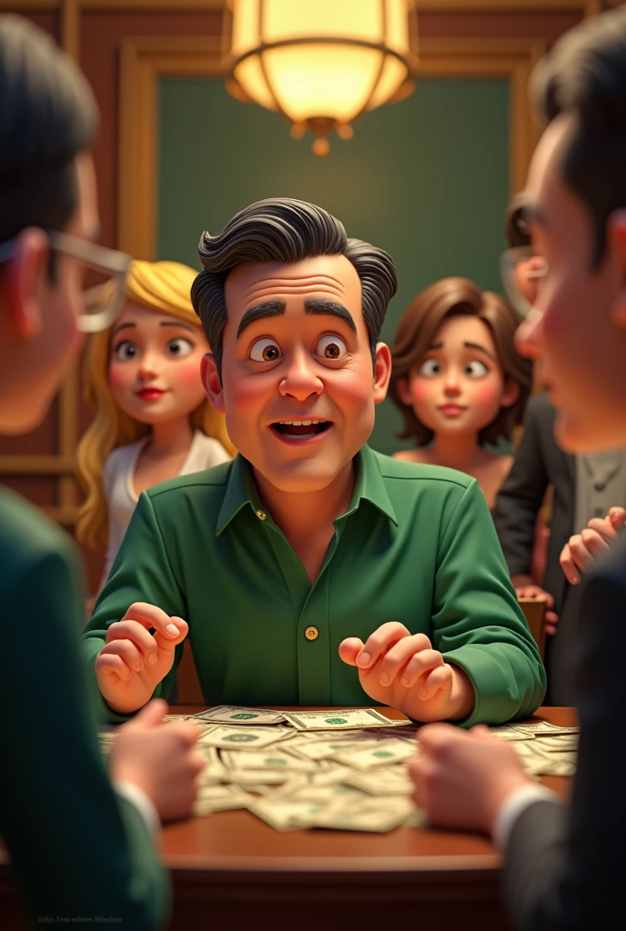 Create the following scenario, a Pixar-style man, 3D in a green shirt, black hair, the man is the mayor of a city, he is embezzling public money from his city, he must be surrounded by 3 or 4 rich people all wearing green, wasting money. The people who are near him are a blonde, a man with brown hair, a young man, and a lawyer.