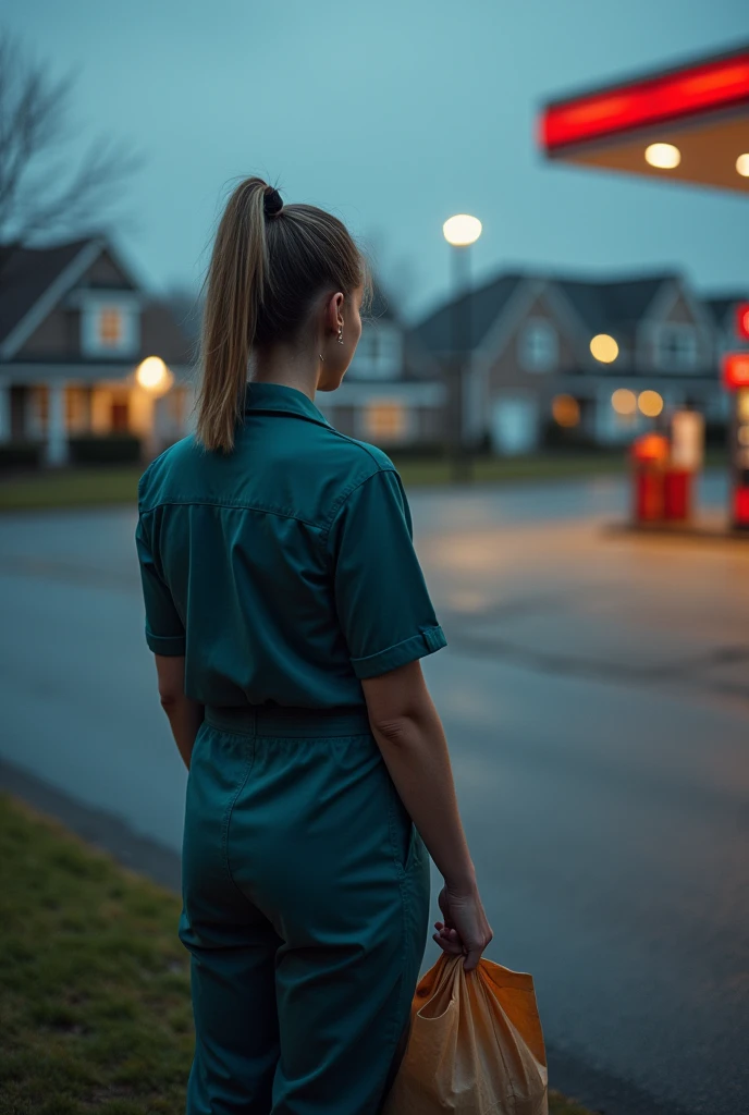 A 40-year-old female gas station employee is standing with her back to the house, holding a bag of food in her hand. Image size LS.
