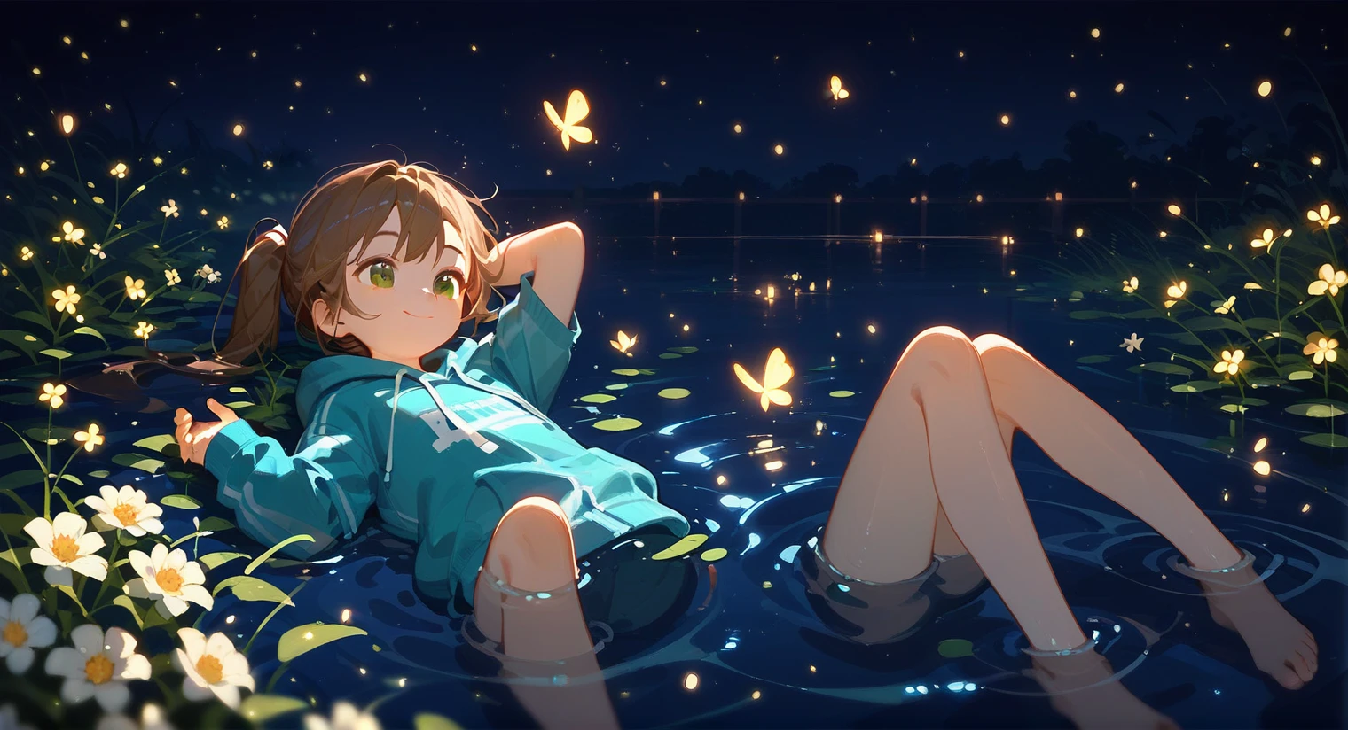 ung girl,Lying in the water,barefoot,Brown side ponytail,Green eyes,Sweatshirt,The water surface sparkles,Flowers,night,moonlight,Beautiful light and shadow,Light Particles,Neon,Half squint,Fragment reflection,firefly,Smile,Reach up