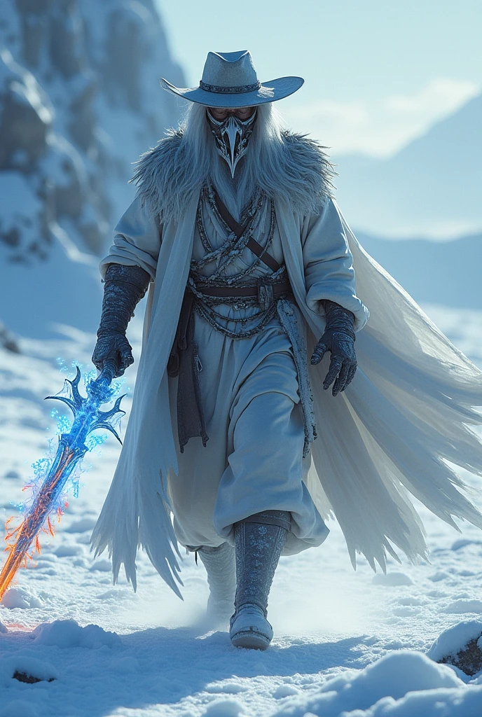 Hunter in an Arctic desert, with a long sword of fire and ice (the same sword, has both powers). He wears a plague mask (those masks with a huge beak) and white dragon details on the outfit, besides a cowboy hat (not very wide). Despite being in an arctic environment, the colors of their clothes contrast better with hot deserts