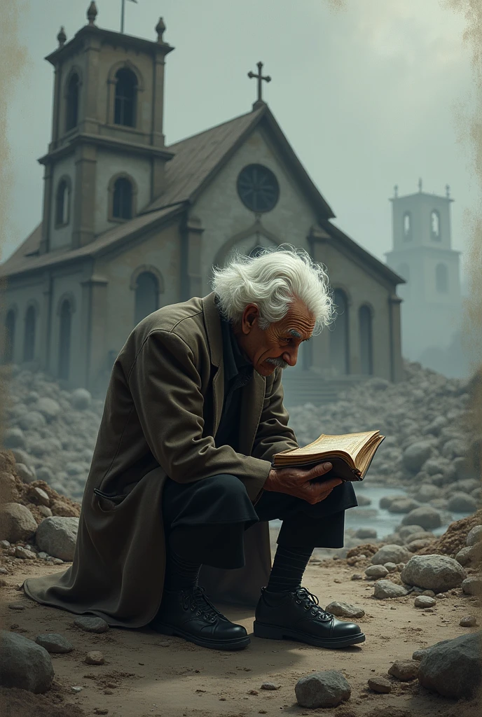 Einstein sitting on his knees to the ground sadly before a destroyed church with a quantum mechanics book in hand and heads down.