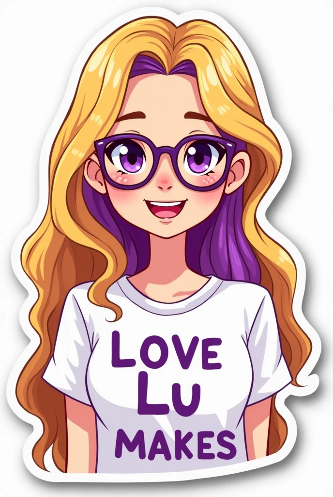 Cartoon sticker of a teenage girl with blonde hair and purple highlights smiling and wearing glasses with a white blouse with the words Love Lu makes in purple