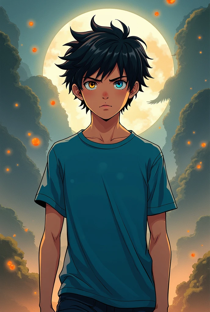 cover of a fantasy book:
In the center a Paraguayan Percy Jackson: eyes the color of honey. blue t-shirt. black hair. anime style.
