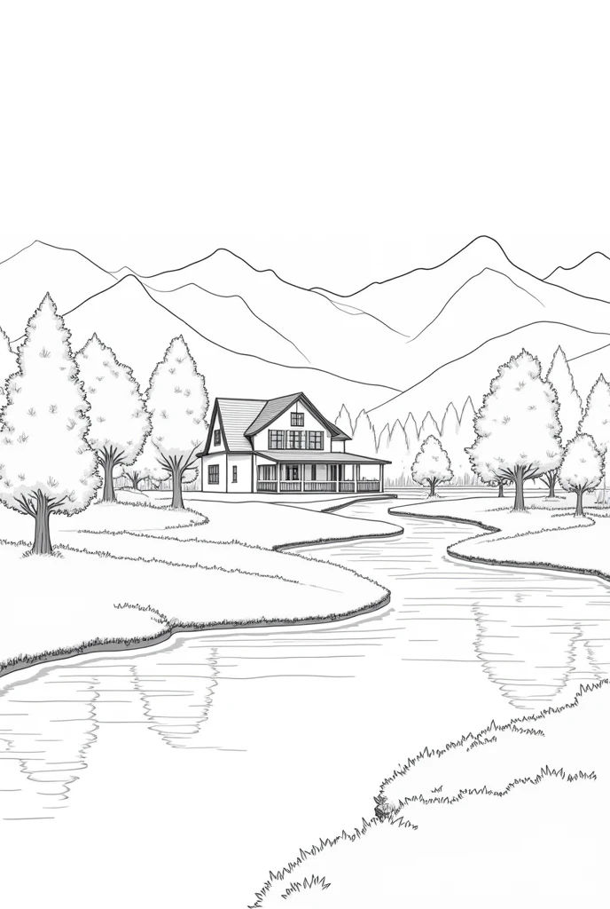 Landscape with a country house, beautiful trees, a river, mountains in the background, only outline of the drawing, black and white