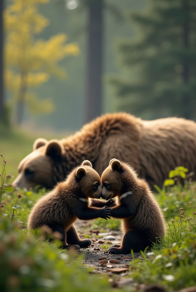 Movie Scenes、Brown bear cubs playing together、The mother bear was shot and fell to the ground.
