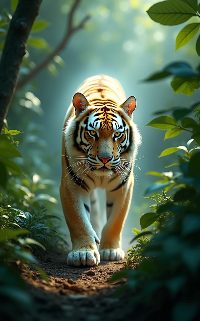 Photorealistic, 34k.In a dense, lush jungle, a transparent tiger prowls silently. Its elegant yet powerful form moves with grace, each stride revealing the subtle movement of its bones beneath its translucent skin. The sunlight filters through the thick foliage, casting dappled patterns on the tiger's mesmerizing figure. Its eyes, sharp and focused, navigate the surroundings with an unyielding determination. The intricate patterns of the tiger's coat are depicted with intricate detail, symbolizing its majestic presence and cultural significance. This ethereal portrayal captures the elusive beauty and raw strength of the transparent tiger, evoking a sense of wonder and awe.