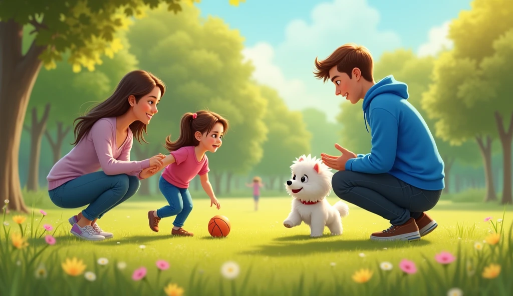 Max(small white colour fluffy dog) learned to stay close to his family, and Jack(, with short brown hair, wearing a bright blue jacket, ) was thanked for his kindness and effort."
• A warm, sunny day in a park where Max, now happily playing with the (wearing pink shirt and blue jeans,long hair in pigtails) and her family, is chasing a ball. Jack is being thanked by the girl's parents, who have big smiles on their faces. The atmosphere is cheerful and filled with gratitude.