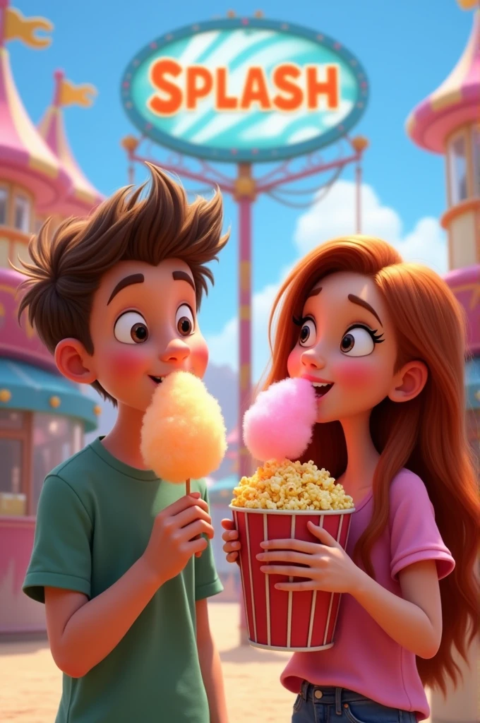 Pixar age boy eating cotton candy and teengirl eating popcorn at an amusement park, with a sign in the background that says SPLASH