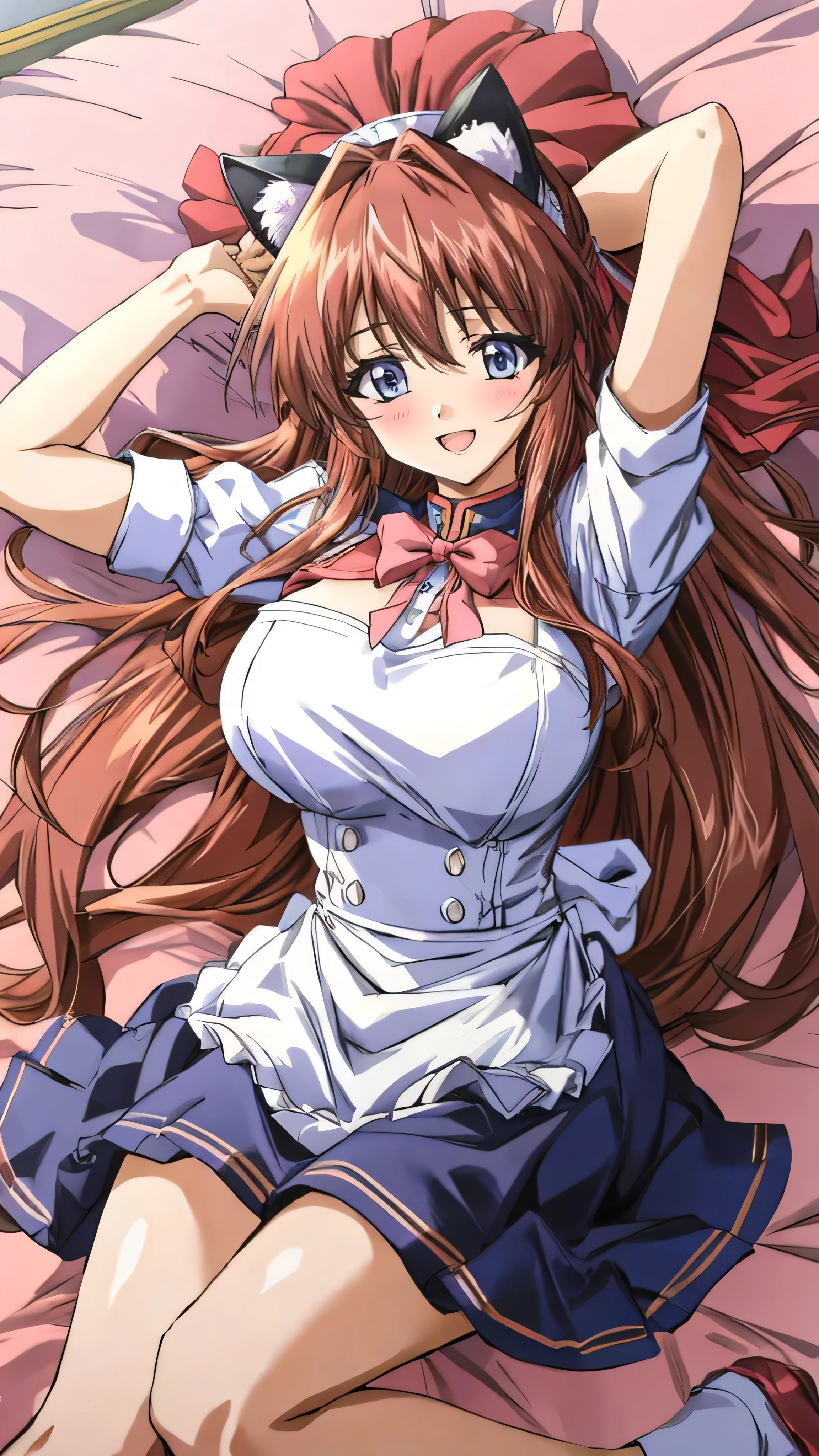 (Anime artwork, Anime Style, Studio Anime, Very detailed, Latest, Vibrant, Anime Coloring Book, High Contrast, masterpiece:1.2, Highest quality, Best aesthetics), (Beautiful and detailed:1.2), Aoikan, 1 person, blush, (maid headdress, cat ears, maid uniform), Cute Smile Open your mouth On the bed, Lie down with your arms up, Pink Good, From above, No pants,Two Arms,