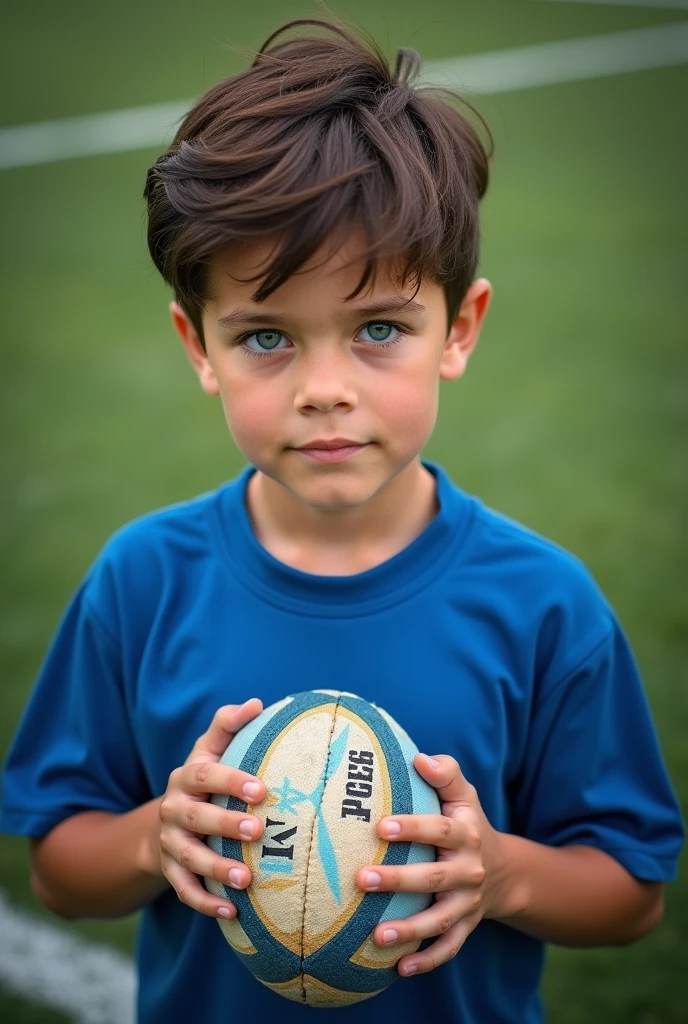 Picture of an 1 boy, tender, very beautiful, marked jaw, blue eyes, dark brown hair, big, Rugby player, with a blue rugby uniform, and a rugby ball in his hands, in the background a rugby field