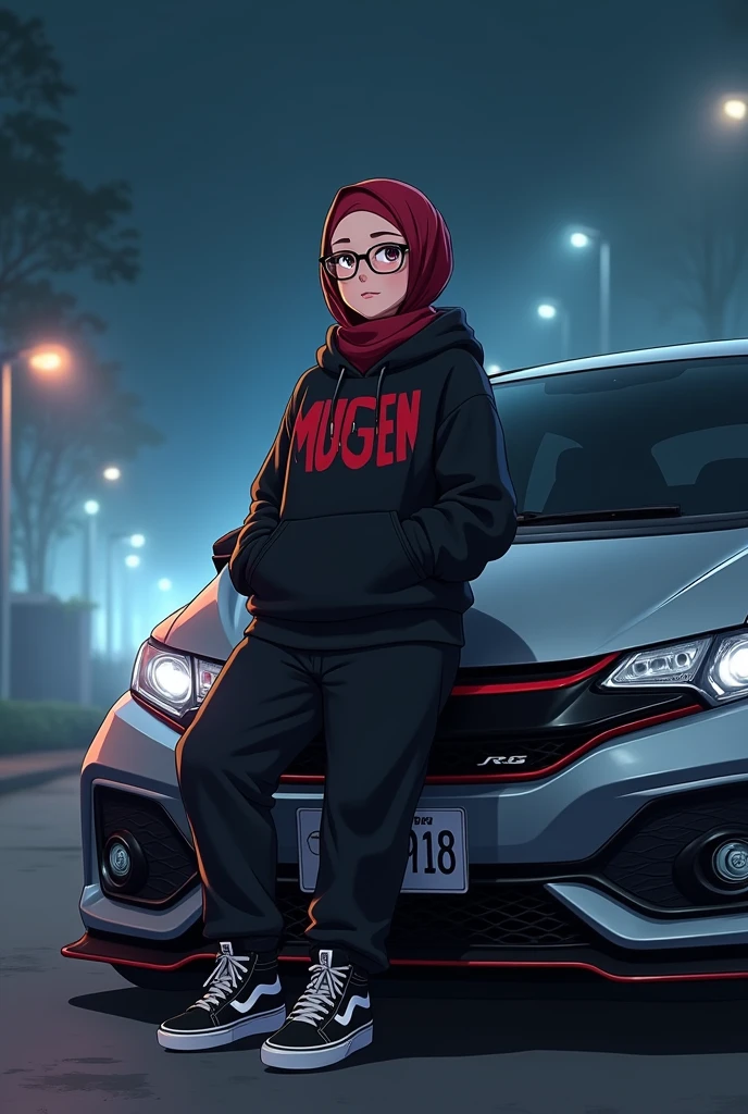 cartoon large fat chubby girl with glasses, dark red hijab, black hoodie with mugen word in red, black jogger pants, hi-cut black white vans shoes, leaning on sporty modified silver honda jazz gk5 rs 2018 model at night foggy weather