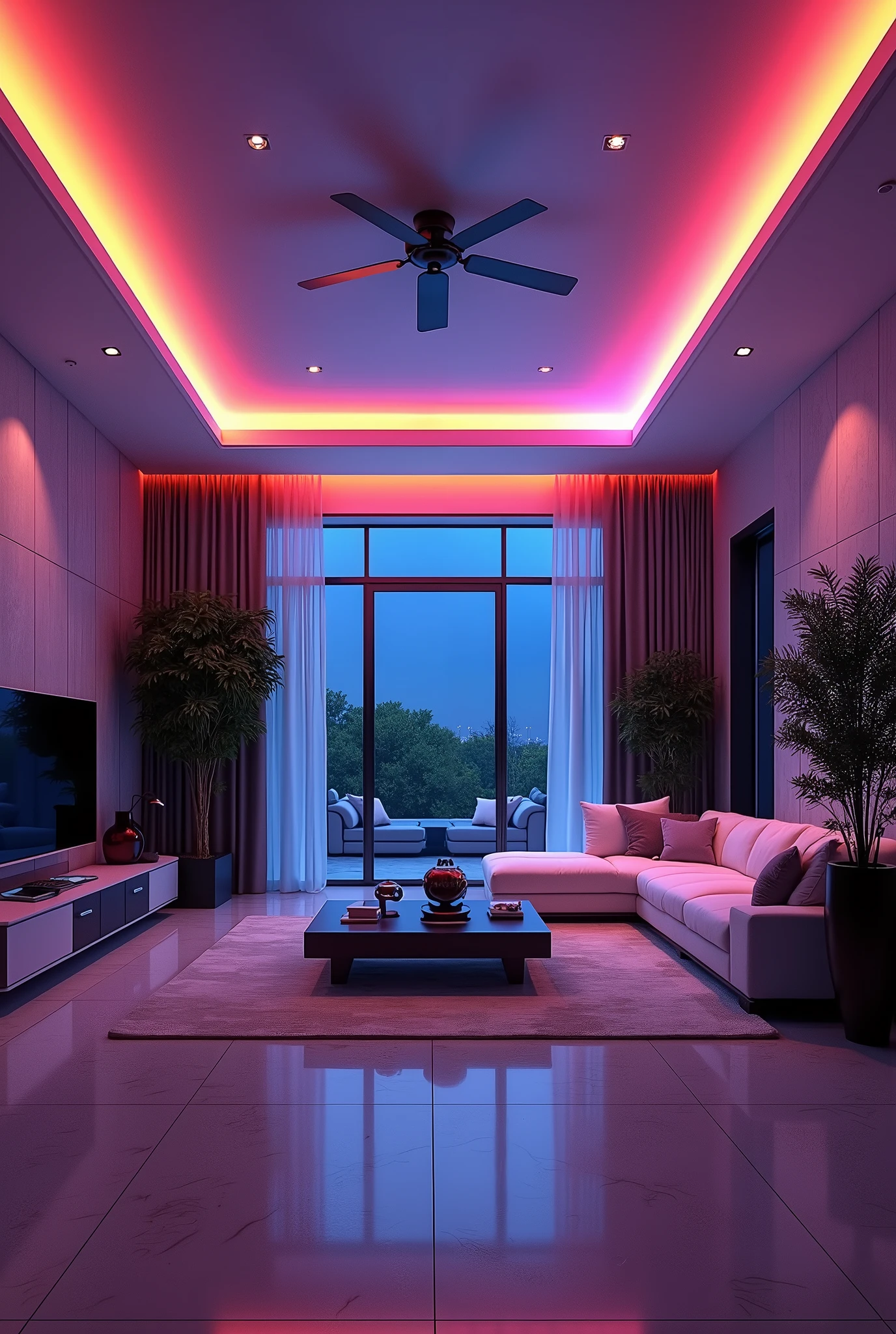 (Extremely detailed CG unity 8k wallpaper),(masterpiece), (best quality), (Extremely detailed), (RGB strip light),Living room ceiling mood lighting
