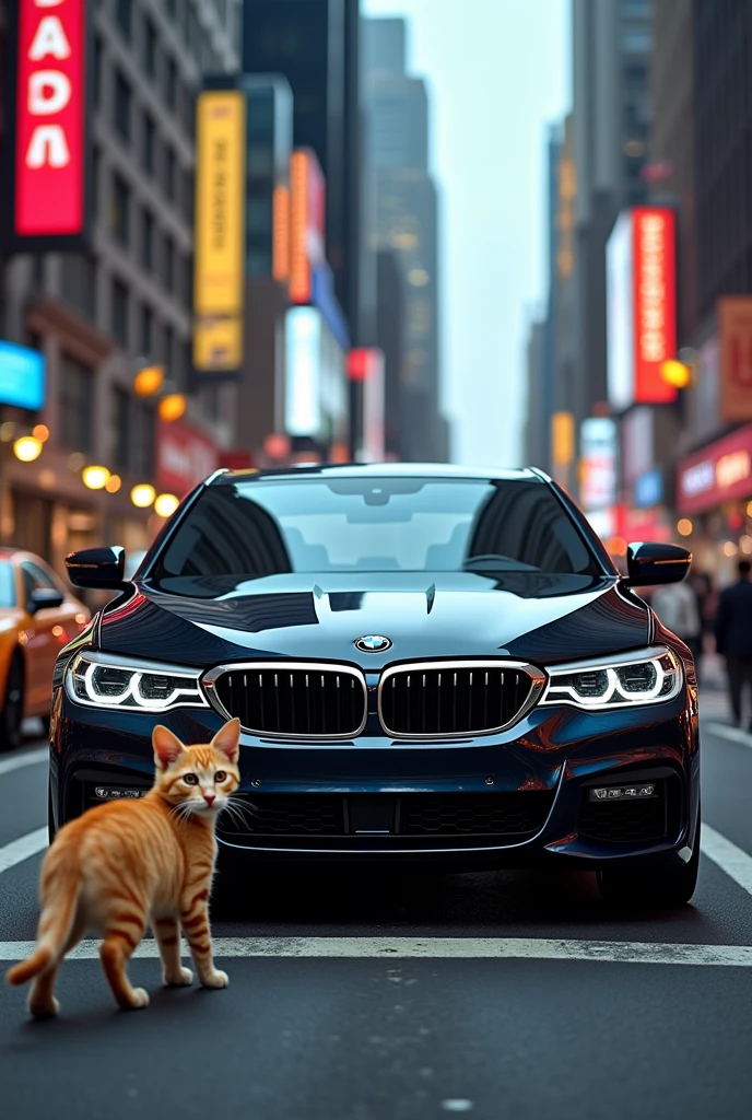 Let the BMW 5 CS stand in New York City with a yellow kitten next to it