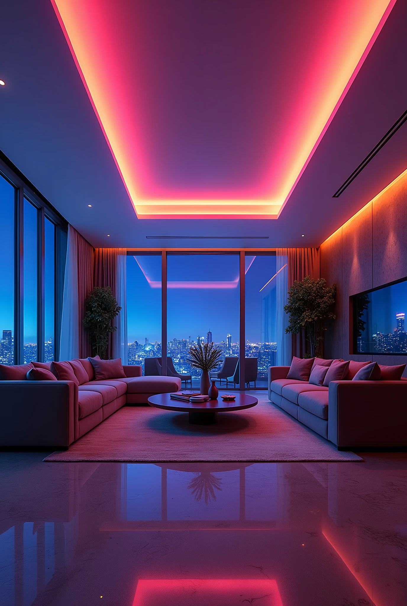 (Extremely detailed CG unity 8k wallpaper),(masterpiece), (best quality), (Extremely detailed), （RGB strip light），Living room ceiling mood lighting