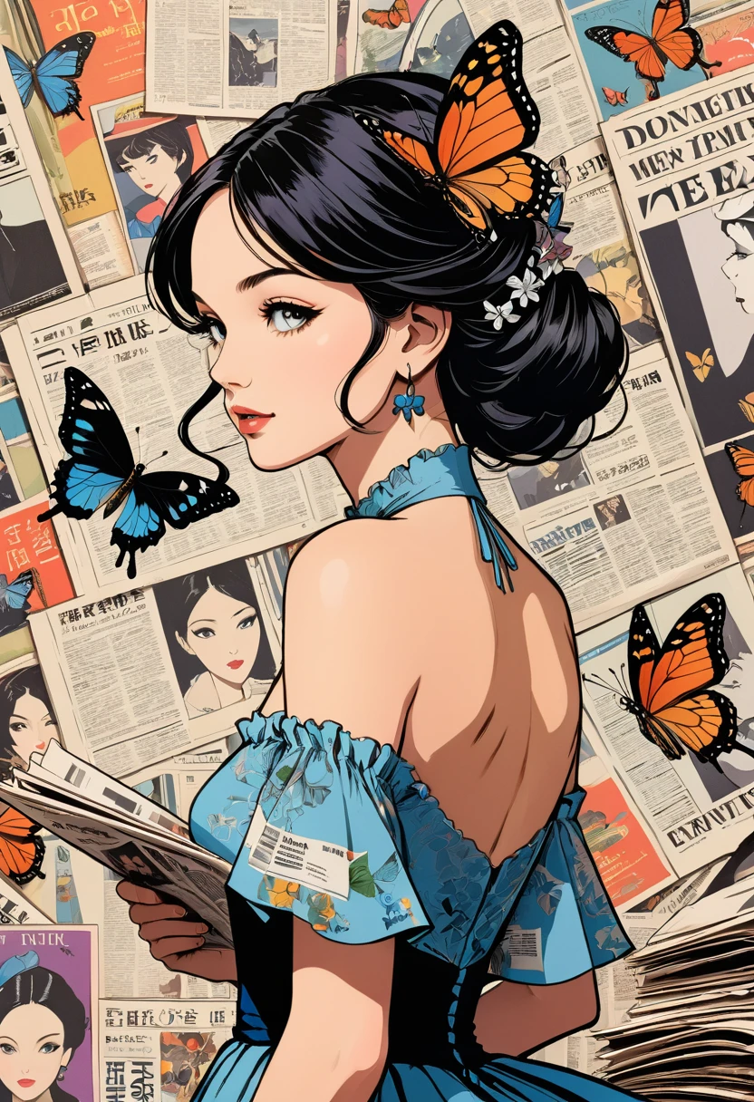 Graphic novel illustrations、Profile of a woman in a dress on the cover of a magazine、Detailed facial features、Long eyelashes、A butterfly is on my head、Newspaper clippings are placed in the room..。The Woman&#39;The face is realistic and detailed.、Vivid colors and sharp focus。The overall image is、A high-resolution masterpiece worthy of a magazine cover..。The art style is、It&#39;s a combination of photography and concept art..。The colors are vibrant and eye-catching。The lighting is studio style..、Soft and gentle lighting。The prompt says::、Also、It also contains text and a barcode, typical of magazine covers..。Holding a stuffed panda in his hands