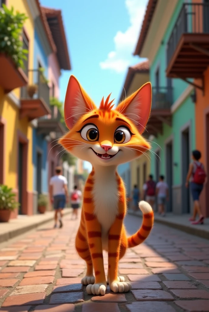 Create an image of a cat with white and orange stripes walking through the streets of Recife Antigo. The image will be in the Zootopia style