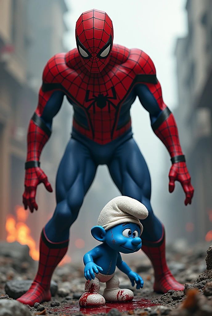 Spiderman beating a crying and bleeding smurf in a war