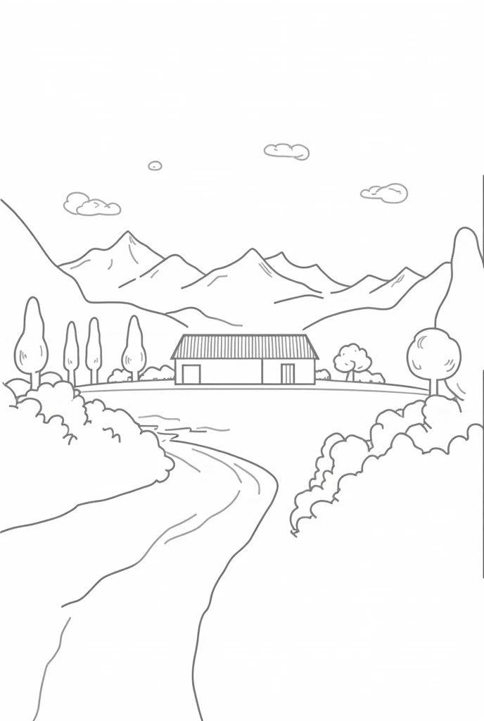 Landscape with a country house, beautiful trees, a river, mountains in the background, only outline of the drawing, black and white