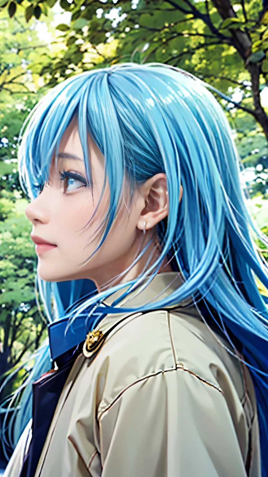Rimuru Tempest、Real、Upper Body、scenery、forest、anime、smile、White skin、Masterpiece、No matter how high quality、Cloudy、Beautiful Boy、Looking up at the sky、Beautiful Men、Long Hair、profile、Looking up at the sky