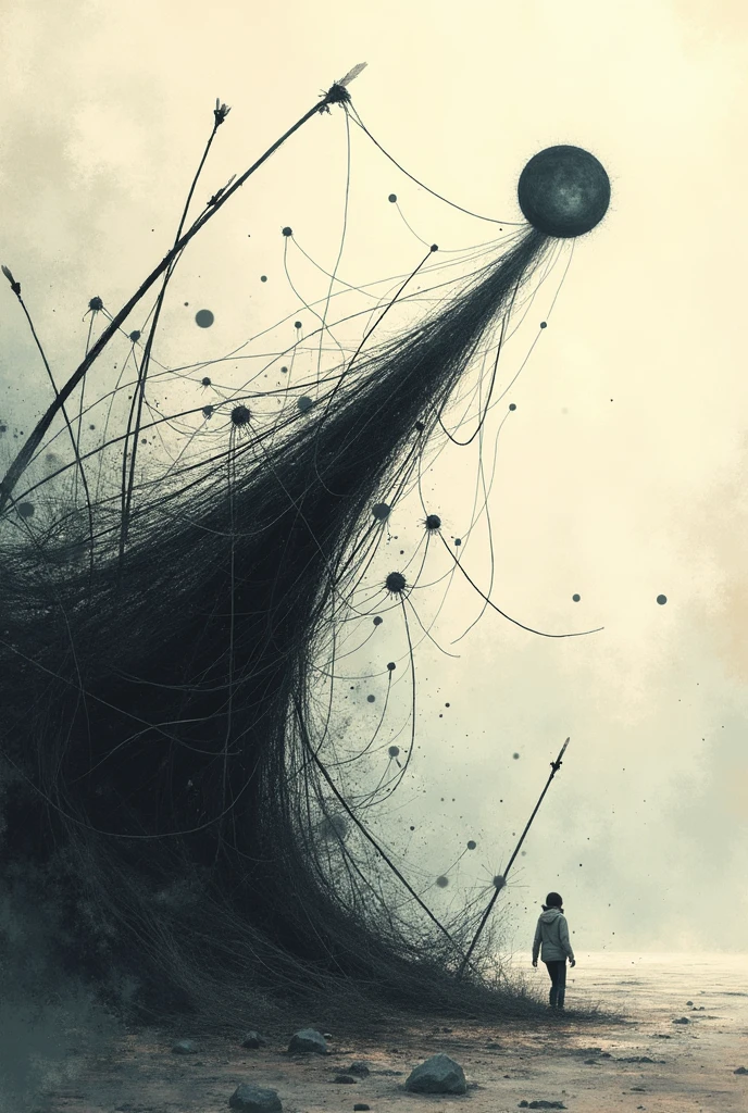 Generate me a plan view image with thick and thin lines that try to grab something but can't do so. , Also that conveys feelings of being lost