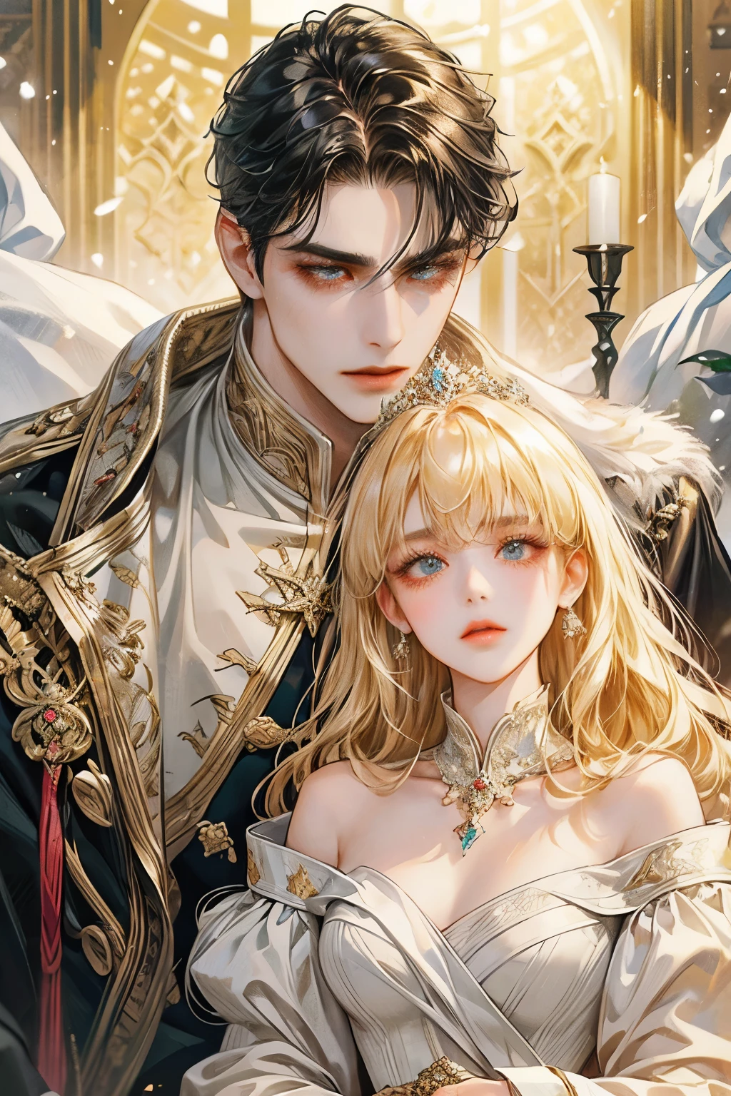 Masterpiece, high resolution, Anatomically correct, qualityที่ดีที่สุด, details, detailsสูง, โมเดลhigh resolution, quality, detailsมาก, high resolutionสุด, realistic textures, 1 man, 1 woman,lover, loverชายหญิง, Look straight., A man with black hair, black eyes, eyes, broad shoulders, and courage., A woman with golden hair, golden eyes, and stubborn eyes.,shut your mouth, Winter outfit, snow,Winter Palace, Antique dress, Retro dress, Duke, princess