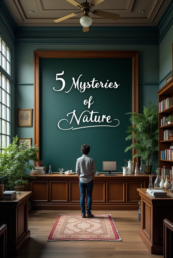 A room with a blackboard in the background that says 5 mysteries of nature