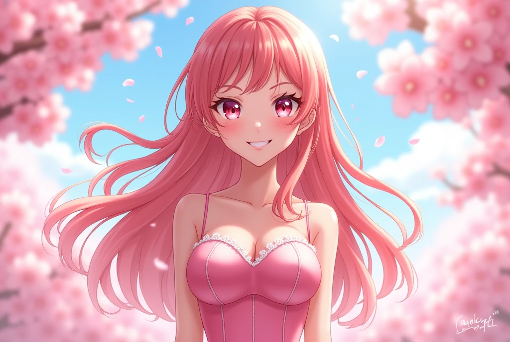 Pink brown hair,Long Hair,Pink Eyes,Drooping eyes,Large Breasts, smile, daughter,pink prom dresses,Anime Style,Moe character,cute,1,Clear,cherry blossoms