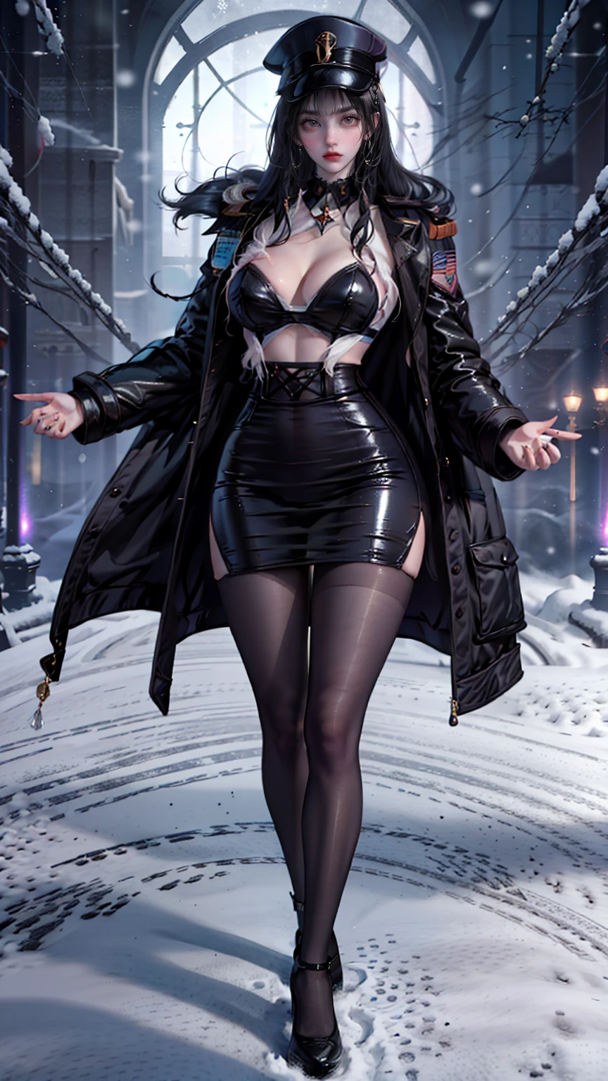 Mature beautiful woman,(Highest quality,Extremely detailed depiction,Incredible high resolution,Anatomically accurate depiction,Curvy Legs,Glowing Skin,Porcelain-like skin,Perfect body),(Sexy Female Soldier,uniform,Pencil Skirt,High heels,black tights,Hats for the winter,latex,Heavy coat,Winter Gear),eyelash,Flashy makeup,eye shadow,Intense glowing purple eyes,Half a point.4,Large Breasts,Glossy pink lips,Shadowed face,Captivating smile,whole body:1.2,(background:Snowfield:1.3),Snow Scene,that&#39;it&#39;s snowing,Side view:1.3