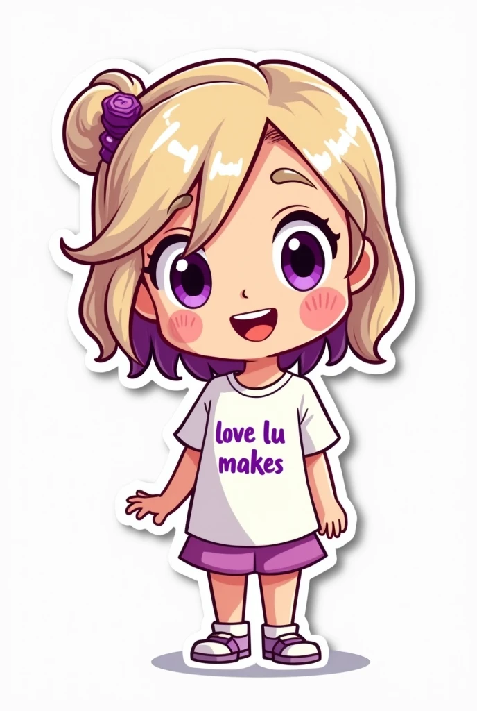 Cartoon sticker of a age girl with light blonde hair and purple highlights smiling and wearing a white blouse with the words Love Lu makes in purple