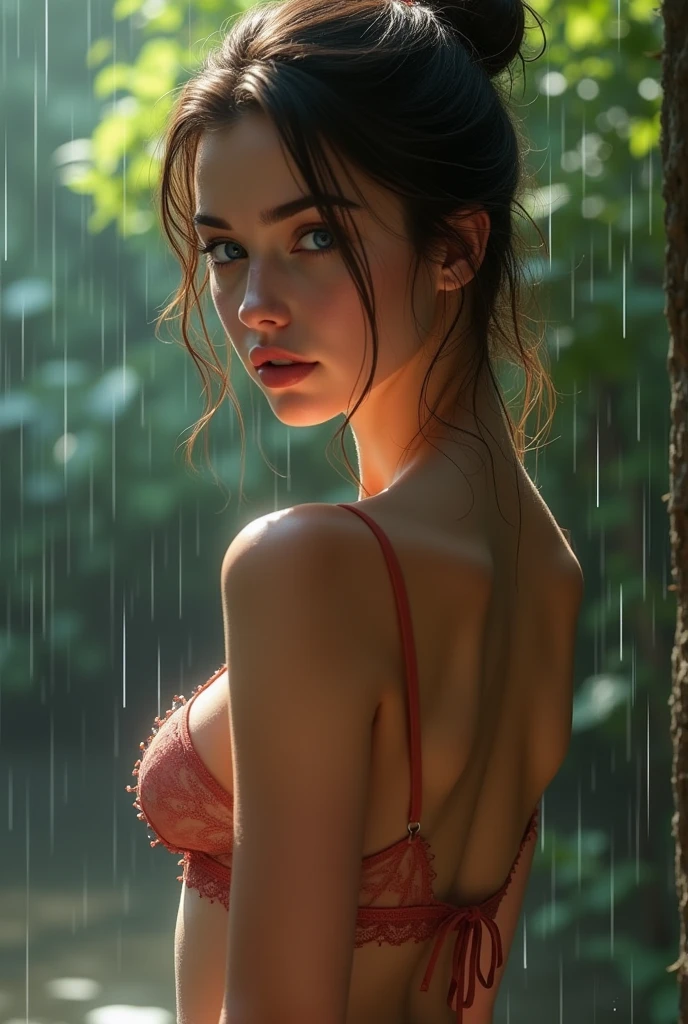 jeune femme de 25 ans, brune aux yeux bleus, lingerie , summer rain, bare shoulders, low-cut, pieds,gros seins