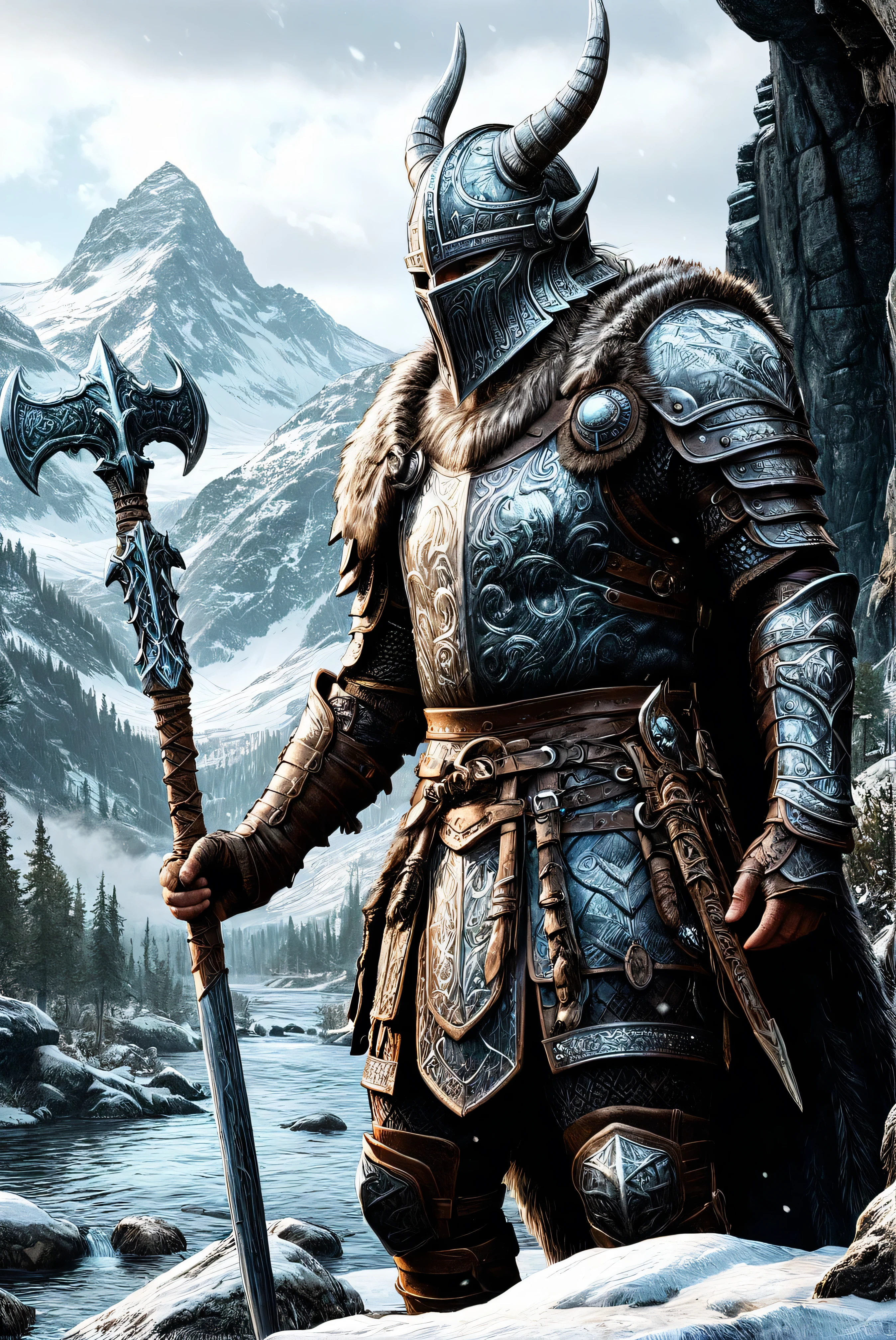 a close up of a person in Viking Armor standing on a Dragon Bone, skyrim art, skyrim concept art, skyrim art style, epic elder scrolls art, epic video game art, ultra detailed game art, skyrim art, epic fantasy game art, artorias