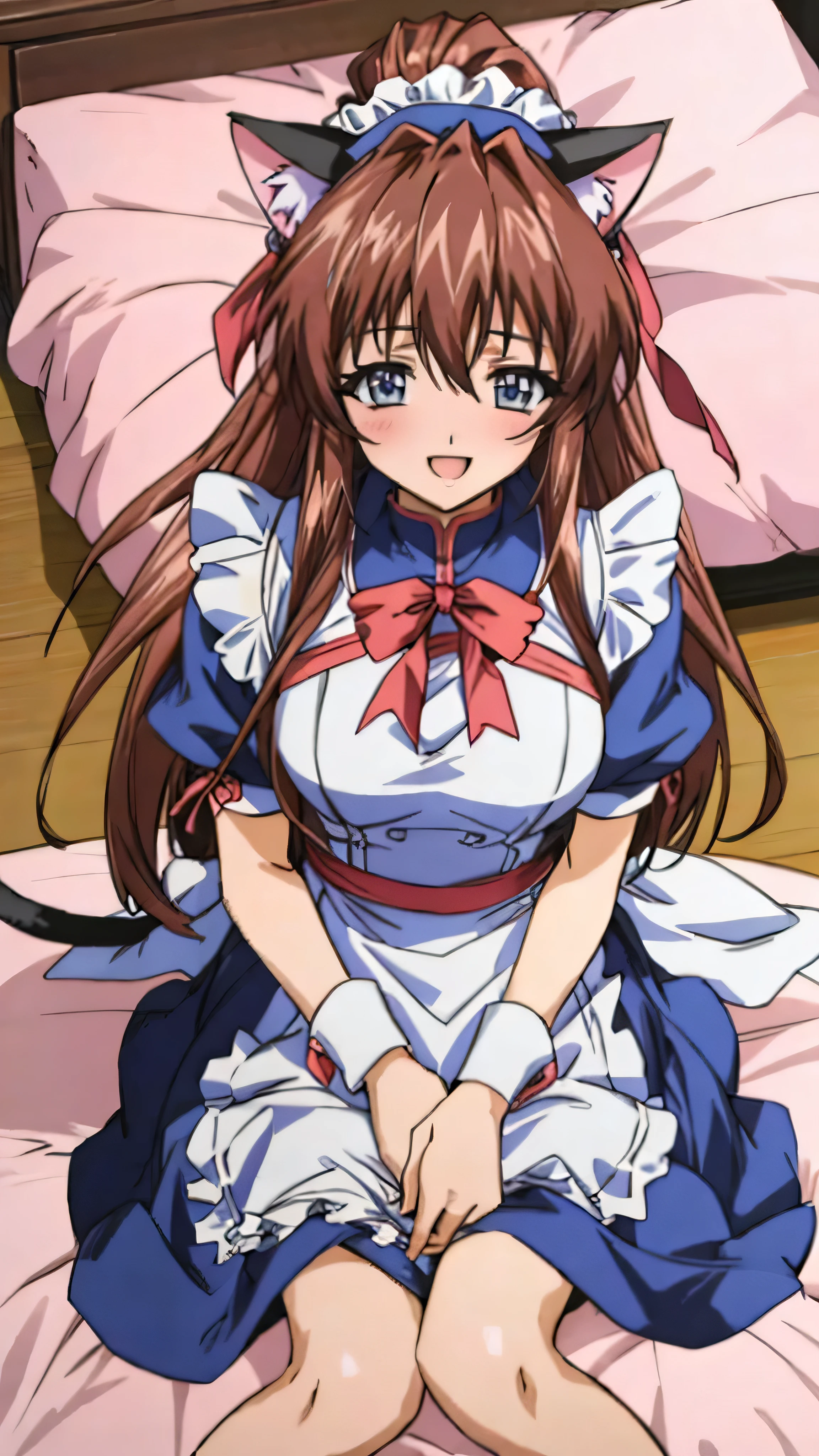 (Anime artwork, Anime Style, Studio Anime, Very detailed, Latest, Vibrant, Anime Coloring Book, High Contrast, masterpiece:1.2, Highest quality, Best aesthetics), (Beautiful and detailed:1.2), Aoikan, 1 person, blush, (maid headdress, cat ears, maid uniform), Cute Smile Open your mouth On the bed, Lie down, Pink Good, From above, No pants,Two Arms,