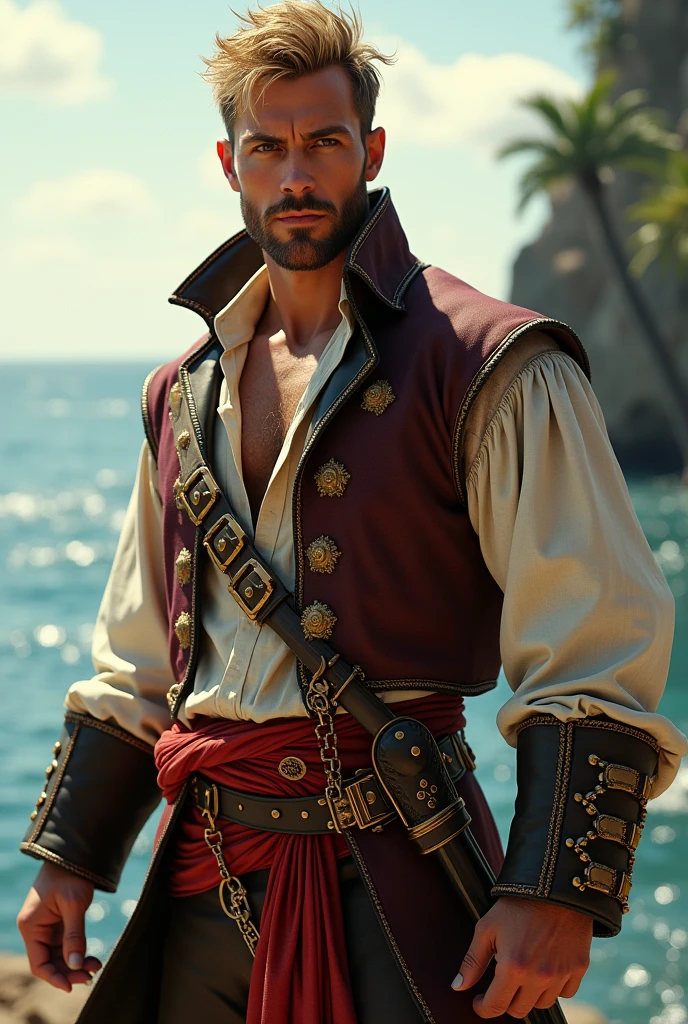 Attractive man, Pirate dress, Tanned with short golden blonde hair with short beard