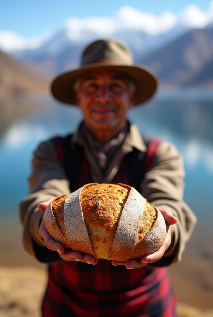 artisanal bread from Puno in Peru for social networks image with the background of Lake Titicaca, highland baker presenting the bread