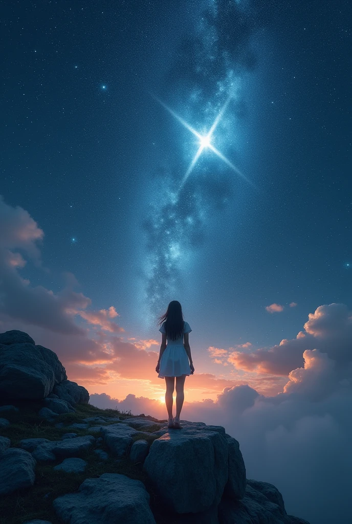 ((masterpiece, Highest quality, Best image quality, High resolution, Realistic, RAW Photos, 8k)), ((Highly detailed CG synthesis 8k wallpaper)), (Starry sky background、A beautiful star is shining、Portrait of a girl floating vaguely in the starry sky、Mysterious starry sky、Incredible beauty, Perfect Proportions:1.4), Looking up at the stars from the ruins of ancient Greece,From Mount Olympus、 Movie Posters, past, present and future,