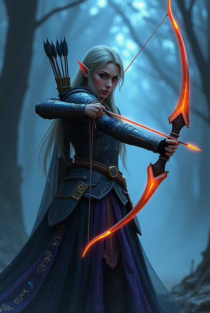 A fantasy-themed an elf-like female warrior in full view wielding a large Bow with a glowing orange Bowstring. ornate armor is adorned with glowing blue runes around the chest, shoulders, and waist. A quiver of arrows is slung over her left shoulder. The text 'Dark Set of Tilo Deterolion' and 'Dark Vialor of Gilt of Heof Bellon' appears in white gothic font. The mood is mysterious and otherworldly, with a color palette dominated by cool blues, purples, and blacks.