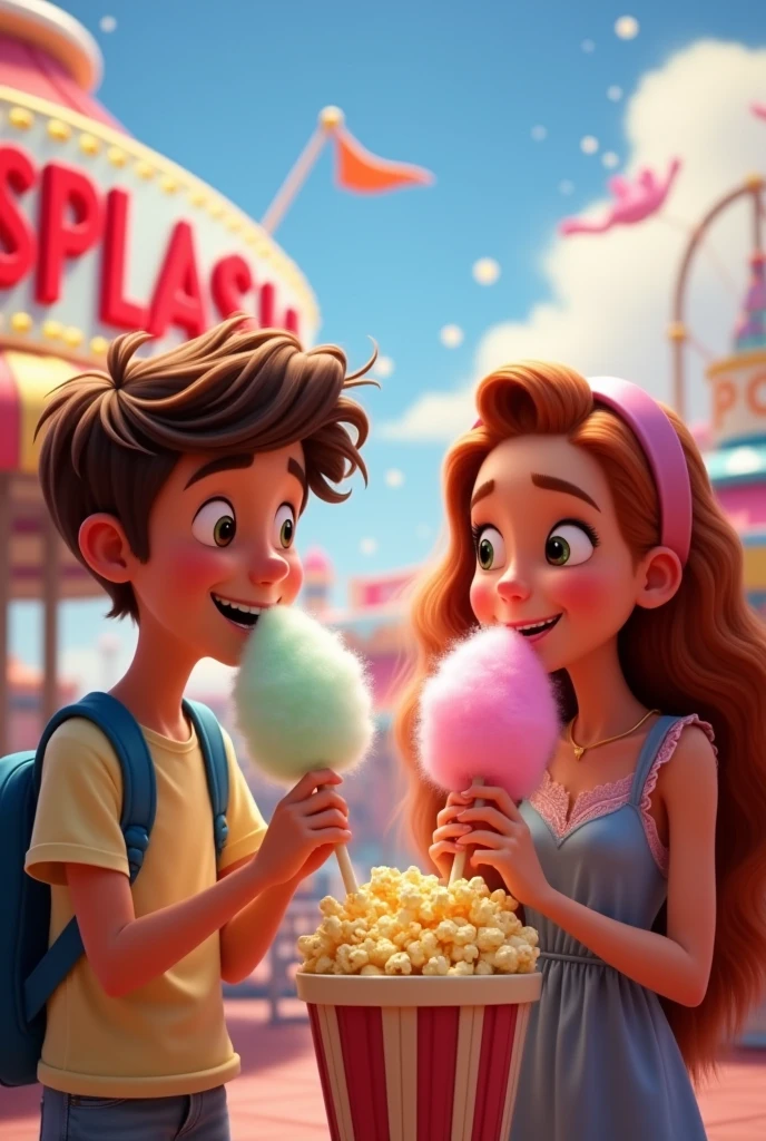 Pixar teenage boy eating cotton candy and teenage girl eating popcorn at an amusement park, with a sign in the background that says SPLASH 