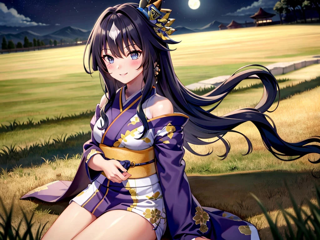 Sharpen effect、masterpiece, 8k wallpaper, best quality, 1girl, Moonlit Night, kimono, Blue kimono, off_shoulder, smile, blush, looking at the viewer, grass,
