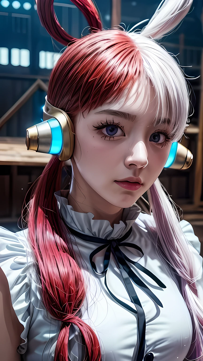 masterpiece Uta, one piece \(set\), Anime art style, masterpiece, setเดรสสีขาวหรูหรา, Long red and white hair, One Woman, alone, earphone, conjunctivitis, Looking at the audience, Beautiful Face, Detailed face, gag, photograph: Intermediary, Elbow and wrist, Eyes visible through hair, Medium Bust, V-shaped eyebrows, Detailed Background, Fully clothed.,Outdoor, pirate ship, Empty, (Great details), (8k, complicated), (85mm), Particles of light, Day, whole body, (Very detailed:1.2), (Gradation), NRF, colorful, (Detailed Background), (Third rule_component:1.3), (Course of action:1.2), Daylight, alone