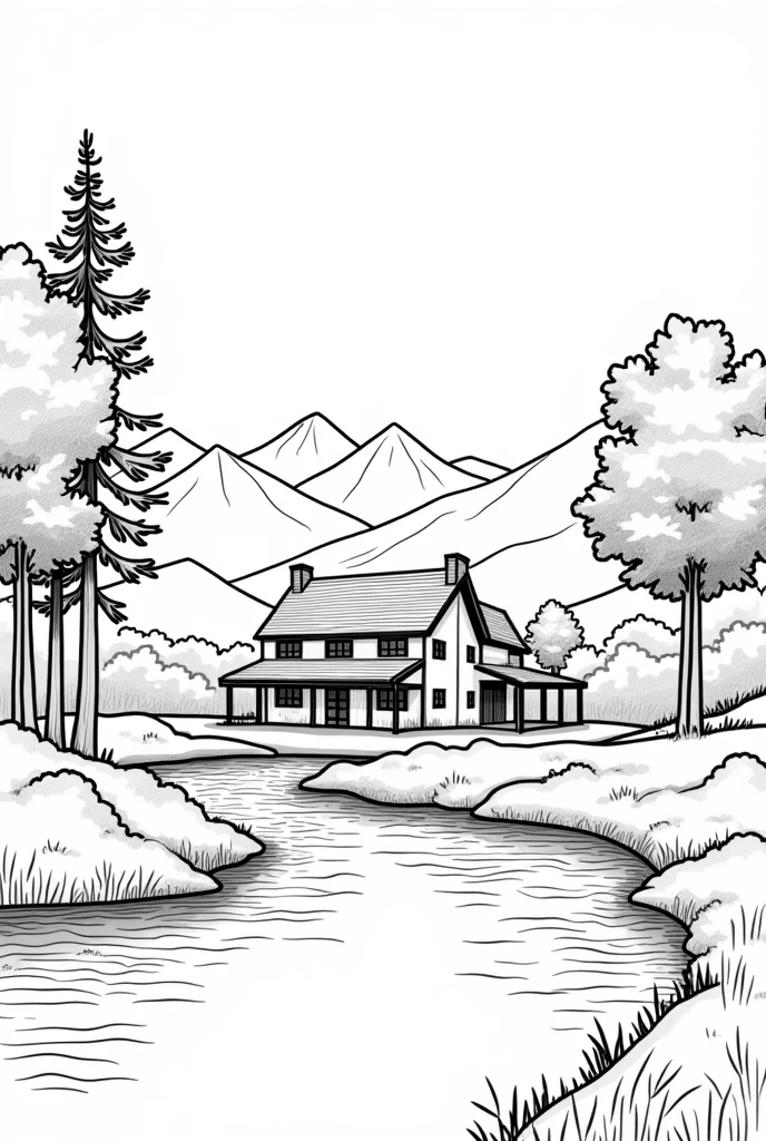 Landscape with a country house, trees, a river, mountains in the background, only outline of the drawing, black and white