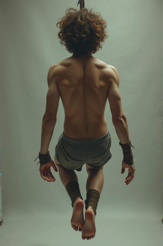 A person with his feet tied up and hanging down. Make the angle from behind him, not in front of him. The person has curly brown hair. 