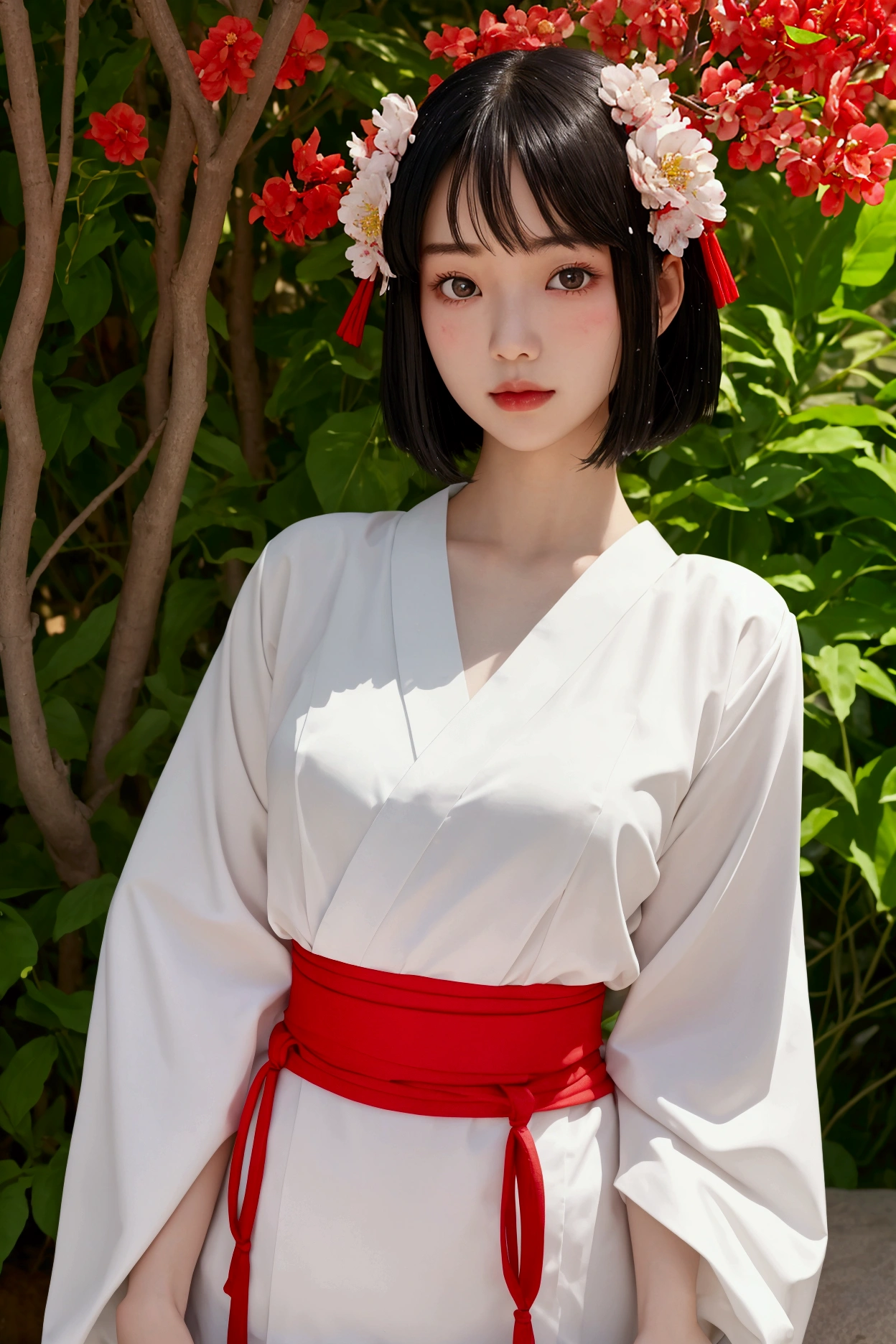 Dancing Girl。On the border between adulthood and childhood、A girl like a colorful bud。The top is pure white with short sleeves.。Shrine Maiden Costume。Sharp eyes like a blade。On her face、I'm still very young。Her eyes are large and slightly slanted.、The nostrils are sharp。Lips like petals、Lip balm makes her look shiny。The black hair has a moist, wet shine.、With a bob haircut like a Japanese doll、Make her look even younger。The body is feminine and rounded。Tight ass meat。Chest swelling。Despite her slim and pretty body、Her breasts are extremely voluptuous.。Flushed cheeks。Like a Japanese sword、Beautiful standing posture。shrine maiden outfit.