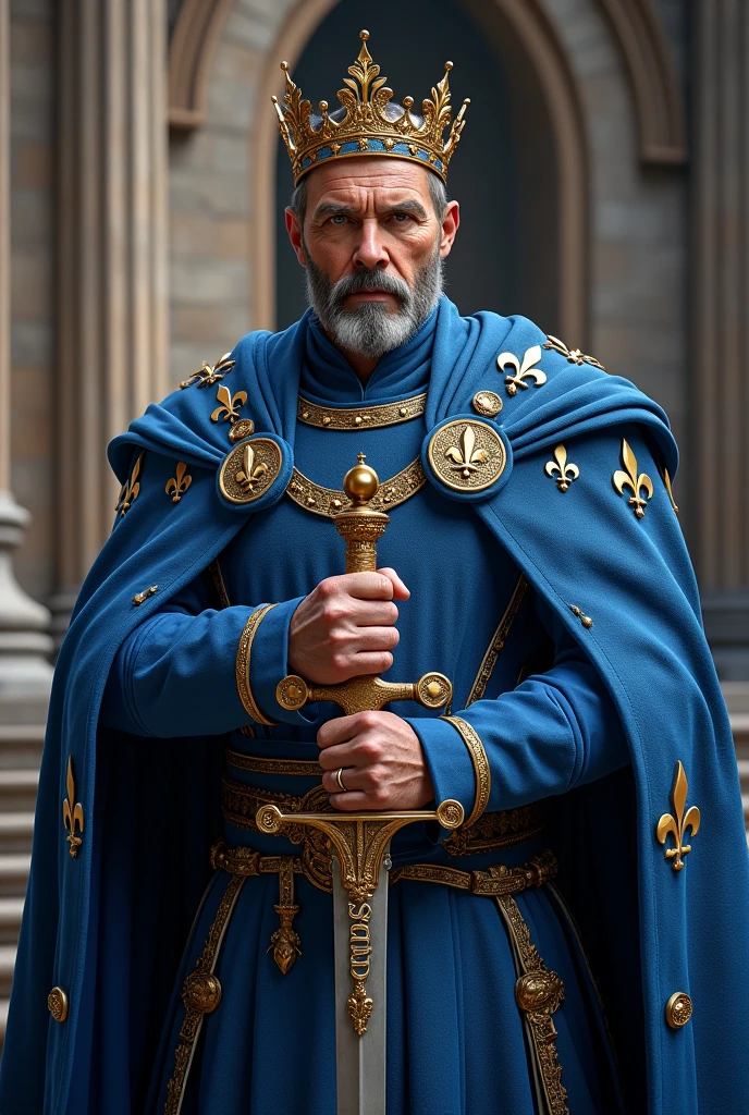 I want you to create for me an image of a king dressed in blue with fleur-de-lis decorations with a sword that has the word Sendic engraved on it.