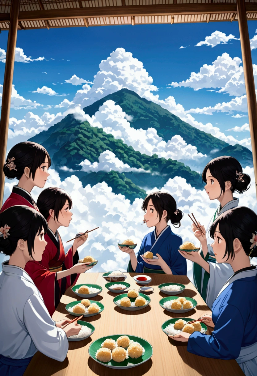 Numerous girls eating rice balls, mountains in a sea of clouds
