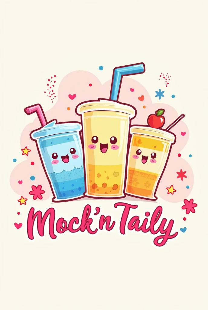 Create me  logo for a business called mock'n taily featuring this 3 drinks Blue lagoon, Lemon Yakult cooler and Yakult Dutchmilk, and make it more cartoonish but catchy. Plss, and make it more girly vibes and emphasize the business name make it cursive calligraphy, make it cute like coquette 

